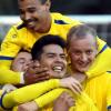 Die Herberner Whitson, Oscar Cabrera, Idzack und Scholtysik (verdeckt) bejubeln das 2:0 gegen Altenberge.  © Foto: Gudra